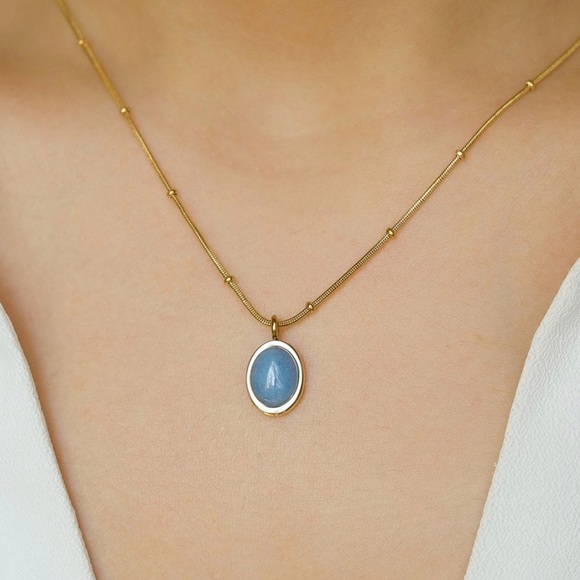 Natural Blue Stone Beaded Chain Necklace | Gold Plated Stainless Steel - Picture 3 of 5